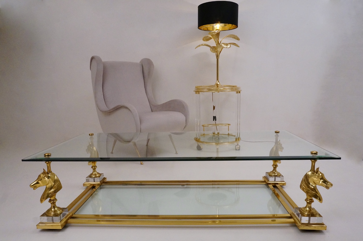 Maison Charles cheval coffee table, brass & Lucite, 1970`s ca